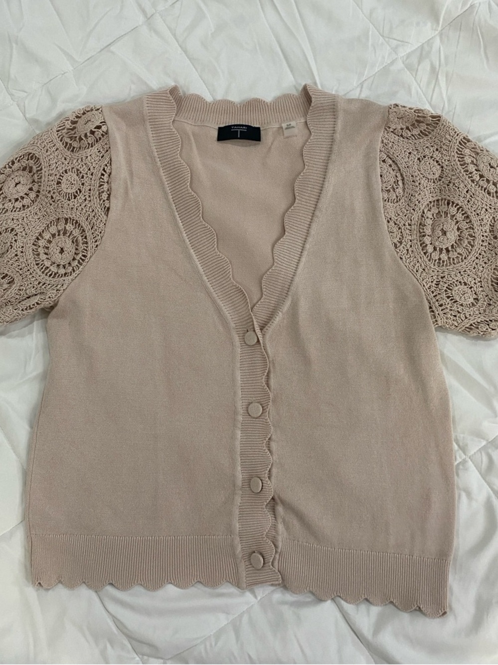 Tahari Scalloped Edge Knit Cardigan with Crochet Puff Sleeves - Tan
